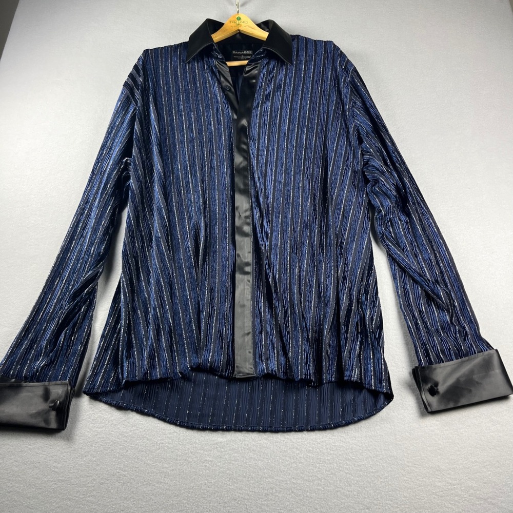 Barabas Mens 4XL Navy Blue Metallic Stripe Pleated Satin Trim Button Down Shirt